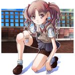  bad_id bad_pixiv_id brown_eyes brown_hair fence frown long_hair one_knee school_uniform shirai_kuroko solo sweater_vest thigh_strap to_aru_kagaku_no_railgun to_aru_majutsu_no_index twintails umeboshitora 