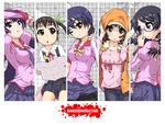  arms_up backpack bag bakemonogatari bandages black_hair blue_hair blush braid brown_eyes cabbie_hat column_lineup glasses hachikuji_mayoi hair_ornament hair_ribbon hairclip hanekawa_tsubasa hat headband index_finger_raised jacket_on_shoulders juliet_sleeves k10k kanbaru_suruga long_hair long_sleeves monogatari_(series) multiple_girls necktie nekomonogatari one_eye_closed pointing puffy_sleeves purple_eyes purple_hair red_eyes ribbon school_uniform sengoku_nadeko senjougahara_hitagi short_hair sitting twintails 