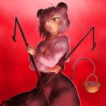  animal_ears basket dowsing_rod dress grey_hair looking_down mouse mouse_ears mouse_tail nazrin onsoku_maru red_eyes solo tail tail_hold touhou 