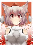  :&lt; animal_ears bare_shoulders breasts calpish detached_sleeves fangs hat inubashiri_momiji jpeg_artifacts large_breasts leaf red_eyes short_hair silver_hair solo tokin_hat touhou triangle_mouth upper_body wide-eyed wolf_ears 