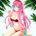  bad_id bad_pixiv_id bikini blue_eyes breasts cleavage hairband kay_(utd) leaf long_hair medium_breasts megurine_luka navel parted_lips pink_hair shadow sitting solo swimsuit underboob vocaloid 