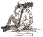  adjusting_clothes adjusting_hat bad_id bad_pixiv_id brown edogawa_conan glasses hat hattori_heiji male_focus meitantei_conan mo_ko monochrome multiple_boys simple_background sketch smile white_background 