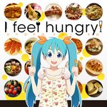  alternate_costume blue_eyes blue_hair english floral_print food fork fruit hatsune_miku knife long_hair meat mitsunari open_mouth photo_background romaji solo strawberry twintails vocaloid 