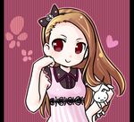  :3 asymmetrical_hair bare_arms black_bow black_hairband bow brown_hair buttons closed_mouth hair_bow hairband heart idolmaster idolmaster_(classic) idolmaster_2 kingyo long_hair looking_at_viewer lowres minase_iori pillarboxed sleeveless smile solo striped striped_background stuffed_animal stuffed_bunny stuffed_toy tareme upper_body vertical-striped_background vertical_stripes 
