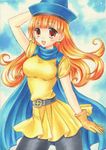  alena_(dq4) bad_id bad_pixiv_id blush cape dragon_quest dragon_quest_iv earrings gloves hat jewelry long_hair orange_eyes orange_hair pantyhose shimuraten shirt solo taut_clothes taut_shirt 
