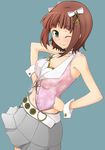  ;) amami_haruka bad_id bad_pixiv_id belt bow breasts brown_hair choker cleavage green_eyes grey_skirt hair_bow hands_on_hips idolmaster idolmaster_(classic) idolmaster_2 kazuto_san medium_breasts navel one_eye_closed pink_diamond_765 short_hair skirt smile solo 