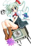  1girl :o bare_legs blush einhart_stratos flipper green_hair knees_up long_hair lyrical_nanoha mahou_shoujo_lyrical_nanoha_vivid parted_lips screen solo speech_bubble tareme television twintails very_long_hair 