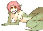  1girl dragon_girl granberia mon-musu_quest! monster_girl nipples nude red_hair scales short_hair small_breasts smile solo tail yellow_eyes 