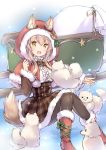  :d animal_ears black_legwear boots brown_hair capelet christmas commentary_request dog fang fur-trimmed_boots fur-trimmed_capelet fur-trimmed_dress fur_trim hood hood_up long_sleeves open_mouth original pantyhose sack sitting sketch sleigh smile tail wataame27 wolf_ears wolf_tail yellow_eyes 