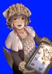  apron baiomeisai bangs bazelgeuse blue_background blush brown_eyes brown_gloves capelet collarbone commentary_request explosion eyebrows_visible_through_hair food gloves grey_hair headdress highres holding holding_tray long_sleeves looking_at_viewer monster_hunter monster_hunter:_world open_mouth pants personification scales shirt short_hair simple_background smile solo tail teeth tray upper_body 