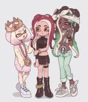  artist_request asymmetrical_clothes black_shirt cephalopod_eyes closed_eyes crop_top crown dark_skin domino_mask gomi_(kaiwaresan44) headband hime_(splatoon) iida_(splatoon) mask midriff miniskirt multiple_girls octarian octoling pink_hair pink_pupils playing_with_another's_hair pointy_ears shirt simple_background skirt smile splatoon_(series) splatoon_2 splatoon_2:_octo_expansion squidbeak_splatoon sweater tentacle_hair white_hair 