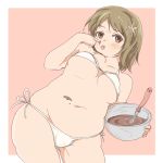  belly bikini bikini_top blush breasts brown_eyes brown_hair chocolate cleavage come_hither curvy eating fat finger_to_mouth food_on_body food_on_finger glutton hair_between_eyes hair_ornament heo hips holding idolmaster idolmaster_cinderella_girls looking_at_viewer mimura_kanako mixing_bowl navel plump short_hair side-tie_bikini swimsuit tongue tongue_out whisk 
