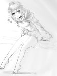  ahoge bare_legs blush commentary_request fire_emblem fire_emblem:_kakusei fire_emblem_heroes gloves greyscale hood mark_(female)_(fire_emblem) mark_(fire_emblem) monochrome nekolook open_mouth short_hair smile solo 