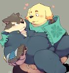  &lt;3 blush canine clothing cusith dog duo french_kissing kissing lift_(disambiguation) male male/male mammal moritaka obese overweight quanjiang simple_background spit_bridge tattoo tokyo_afterschool_summoners 