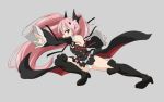  blush boots cape fang flat_chest grey_background groin krul_tepes miniskirt open_mouth ouhashi owari_no_seraph panties pink_hair pointy_ears red_eyes simple_background skirt solo thigh_boots thighhighs twintails underwear white_panties 