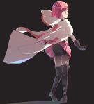  ass ayaki_ichigo bad_id bad_pixiv_id belt bike_shorts black_background black_footwear black_gloves black_legwear blush bodystocking boots cape clenched_hand from_behind gloves hood long_hair looking_back magia_record:_mahou_shoujo_madoka_magica_gaiden mahou_shoujo_madoka_magica miniskirt pink_eyes pink_hair pink_skirt ponytail shorts shorts_under_skirt simple_background skirt skirt_tug solo tamaki_iroha thigh_boots thighhighs white_cape wind wind_lift 