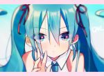  aqua_hair artist_name bangs bare_shoulders blue_eyes blue_neckwear blurry blurry_background blush cake_(isiofb) closed_mouth collared_shirt commentary_request depth_of_field eyebrows_visible_through_hair hair_between_eyes hair_ribbon hand_up hatsune_miku heart heart_in_eye letterboxed long_hair looking_at_viewer necktie red_ribbon revision ribbon shirt sleeveless sleeveless_shirt solo symbol_in_eye twintails vocaloid white_shirt 
