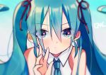  aqua_hair artist_name bangs bare_shoulders blue_eyes blue_neckwear blurry blurry_background blush cake_(isiofb) closed_mouth collared_shirt depth_of_field eyebrows_visible_through_hair hair_between_eyes hair_ribbon hand_up hatsune_miku heart heart_in_eye long_hair looking_at_viewer necktie red_ribbon ribbon shirt sleeveless sleeveless_shirt solo symbol_in_eye twintails vocaloid white_shirt 