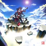  blue_sky cigarette cloud cloudy_sky gairen gloves guilty_gear headband lens_flare long_hair male_focus mountain order-sol ponytail sitting skin_tight sky smoking sol_badguy solo spiked_hair younger 