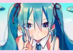  aqua_hair artist_name bangs bare_shoulders blue_eyes blue_neckwear blurry blurry_background blush cake_(isiofb) closed_mouth collared_shirt depth_of_field eyebrows_visible_through_hair hair_between_eyes hair_ribbon hand_up hatsune_miku heart heart_in_eye letterboxed long_hair looking_at_viewer md5_mismatch necktie red_ribbon ribbon shirt sleeveless sleeveless_shirt solo symbol_in_eye twintails vocaloid white_shirt 