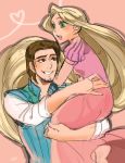  1girl :o absurdly_long_hair ano_(sbee) artist_name blonde_hair carrying couple disney dress eyebrows_visible_through_hair eyelashes flynn_rider green_eyes heart hetero long_hair long_sleeves looking_at_another looking_away open_mouth pink_background pink_dress rapunzel_(disney) shirt simple_background tangled very_long_hair waistcoat white_shirt 