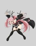  blush boots cape fang flat_chest grey_background krul_tepes miniskirt open_mouth ouhashi owari_no_seraph pink_hair pointy_ears red_eyes simple_background skirt solo thigh_boots thighhighs twintails 