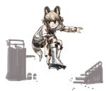  absurdres african_wild_dog_(kemono_friends) african_wild_dog_print animal_ears black_bow black_eyes black_hair black_neckwear blonde_hair boot_bow boots bow bowtie commentary denim denim_shorts dog_ears dog_tail extra_ears highres kemono_friends knee_boots multicolored_hair omnisucker outstretched_arm pantyhose pantyhose_under_shorts print_legwear shirt short_hair shorts skateboard solo tail white_footwear white_shirt 