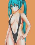  armad bad_id bad_pixiv_id black_swimsuit blue_eyes blue_hair blush breasts breasts_apart collarbone colored_pubic_hair covered_nipples cowboy_shot hair_tie hand_on_hip hatsune_miku highres long_hair looking_at_viewer medium_breasts nail_polish navel one-piece_swimsuit orange_background partially_visible_vulva pubic_hair pubic_hair_peek shiny shiny_skin simple_background slingshot_swimsuit smile solo standing swimsuit tied_hair twintails vocaloid 
