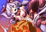  3104bnb :d ahoge animal_ears armpits blush_stickers breasts commentary cosplay dangerous_beast dutch_angle elbow_gloves fang fate/grand_order fate_(series) fur-trimmed_gloves fur-trimmed_legwear fur_collar fur_trim gloves halloween highres jack-o'-lantern lace lace-trimmed_thighhighs large_breasts long_hair mash_kyrielight mash_kyrielight_(cosplay) o-ring o-ring_top open_mouth purple_gloves purple_legwear revealing_clothes senki_zesshou_symphogear smile solo tail thighhighs twintails very_long_hair wolf_ears wolf_tail yukine_chris 