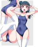  1girl :o arms_up ass bangs blue_hair blue_swimsuit blush collarbone commentary_request competition_school_swimsuit covered_navel double_v grey_background knees_up long_hair love_live! love_live!_sunshine!! multiple_views one-piece_swimsuit outline purple_eyes school_swimsuit side_bun swimsuit thighhighs tsushima_yoshiko v v-shaped_eyebrows v_over_eye white_legwear white_outline yopparai_oni 