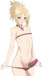  :o adapted_costume antenna_hair areola_slip areolae bad_id bad_pixiv_id bangs bare_arms bare_shoulders bikini bikini_pull blonde_hair blush braid collarbone commentary condom cowboy_shot detached_collar erection fang fate/apocrypha fate_(series) french_braid genderswap genderswap_(ftm) green_eyes groin highres looking_at_viewer male_focus man_hi_dun micro_bikini mordred_(fate) mordred_(fate)_(all) navel nose_blush open_mouth otoko_no_ko penis ponytail red_bikini shiny shiny_hair short_hair short_ponytail sidelocks simple_background solo standing stomach strapless strapless_bikini swimsuit testicles tsurime v-shaped_eyebrows white_background 
