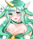  1girl alternate_costume alternate_eye_color alternate_hair_color alternate_hairstyle breasts choker cleavage fluffy_ears gloves green_hair horn league_of_legends long_hair solo soraka star_guardian_soraka very_long_hair 