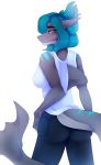  2017 anthro blue_hair butt_pose digital_media_(artwork) eyebrows female fin fish furgonomics hair horn kristiana_puff marine orange_eyes shark simple_background solo white_background 