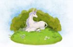  2018 amalthea blue_hair bushes detailed_background equine female feral fern flower fur grass hair horn looking_back lying mammal outside plant portrait purple_hooves relaxing shavostars side_view solo the_last_unicorn unicorn white_fur white_hair 