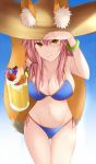  animal_ears bangle bikini blue_bikini bracelet breasts cleavage cowboy_shot ears_through_headwear fate/grand_order fate_(series) food fox_ears fox_tail gradient gradient_background hat ice_cream jewelry kanpyou_(hghgkenfany) large_breasts looking_at_viewer navel pink_hair pocky short_hair side-tie_bikini smile solo straw_hat sun_hat sundae swimsuit tail tail_raised tamamo_(fate)_(all) tamamo_no_mae_(swimsuit_lancer)_(fate) wafer_stick 