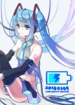  blue_eyes blue_hair commentary_request dated detached_sleeves floating_hair frk_(hmff7355) hatsune_miku headphones highres long_hair midriff necktie sitting skirt solo thighhighs twintails very_long_hair vocaloid 