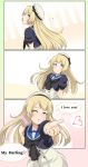  1girl ;o bangs blonde_hair blue_eyes blue_sailor_collar blush collarbone comic commentary_request dress english eyebrows_visible_through_hair hat heart highres jervis_(kantai_collection) kantai_collection long_hair looking_at_viewer looking_back one_eye_closed open_mouth parted_lips puffy_short_sleeves puffy_sleeves ryuun_(stiil) sailor_collar sailor_dress sailor_hat short_sleeves smile spoken_exclamation_mark white_dress white_hat 