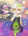  +_+ 2girls ? aori_(splatoon) artist_name bare_shoulders black_dress black_footwear black_hair blurry blurry_background blush breasts collarbone crotch_seam domino_mask dress embarrassed english_text eyebrows_visible_through_hair female food food_on_head gloves green_legwear half-closed_eyes hand_to_own_mouth hand_up have_to_pee hotaru_(splatoon) kakuume leg_up looking_at_another mask medium_breasts mole mole_under_eye multiple_girls nintendo nose_blush object_on_head open_mouth pantyhose peeing peeing_self pointy_ears shiny shiny_hair shoes short_dress short_hair siblings signature sisters smile solo_focus speech_bubble splatoon splatoon_(series) splatoon_1 standing standing_on_one_leg strapless strapless_dress sweat talking tentacle tentacle_hair thigh_gap wet wet_clothes white_gloves white_hair x-ray yellow_eyes 