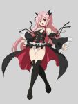  blush boots cape fang flat_chest grey_background groin krul_tepes miniskirt open_mouth ouhashi owari_no_seraph panties pink_hair pointy_ears red_eyes simple_background skirt solo thigh_boots thighhighs twintails underwear white_panties 