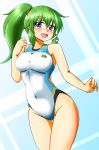  animal_print blue_background blue_eyes breasts competition_swimsuit d-m_(dii_emu) frog_print green_hair hair_ornament highres kochiya_sanae long_hair looking_at_viewer medium_breasts one-piece_swimsuit open_mouth ponytail smile snake_hair_ornament solo swimsuit touhou white_swimsuit 