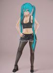  armad bad_id bad_pixiv_id bare_shoulders beige_background black_footwear black_legwear black_shorts blue_hair blush breasts collarbone crop_top eyebrows_visible_through_hair feet full_body hair_tie hands_on_hips hatsune_miku high_heels highres long_hair looking_at_viewer medium_breasts midriff nail_polish navel pantyhose shirt shoes short_shorts shorts simple_background sleeveless sleeveless_shirt smile solo standing tank_top tied_hair twintails very_long_hair vocaloid 