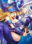  2girls artist_request bare_shoulders blonde_hair blue_eyes blush breasts curvy dark_magician_girl erect_nipples female grabbing green_eyes happy hug large_breasts long_hair looking_at_viewer magicial_girl multiple_girls nipples open_mouth silent_magician simple_background standing yu-gi-oh! 