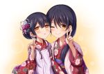  2girls ;) black_hair cheek-to-cheek commentary_request fate/kaleid_liner_prisma_illya fate_(series) floral_print hair_bun hair_ornament highres japanese_clothes kimono long_hair looking_at_viewer miyu_edelfelt morokoshi_(tekku) mother_and_daughter multiple_girls obi one_eye_closed orange_eyes parted_lips sash simple_background smile v yellow_eyes younger 