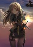 absurdres aircraft armband bangs blurry blush brown_hair cloud commentary_request crossed_arms dog_tags dress exoskeleton eyebrows_visible_through_hair girls_frontline grey_hair gun h&amp;k_ump hair_between_eyes hair_ribbon hairband head_tilt heckler_&amp;_koch helicopter highres jacket long_hair looking_at_viewer magazine_(weapon) name_tag one_eye_closed one_side_up pantyhose rah-66_comanche ribbon septet_(zrca_janne) skindentation smile solo star star-shaped_pupils submachine_gun sunrise symbol-shaped_pupils thigh_strap thighs ump40_(girls_frontline) walkie-talkie weapon yellow_eyes 