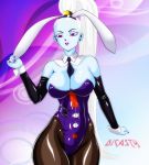  1girl angel animal_ears blue_skin breasts bunny_ears bunnysuit dicasty dragon_ball dragon_ball_super female nail_polish necktie ponytail thick_thighs thighs tied_hair vados_(dragon_ball) white_hair 