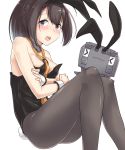  absurdres akizuki_(kantai_collection) animal_ears black_hair black_legwear black_leotard blue_eyes breasts bunny_ears bunny_tail bunnysuit chou-10cm-hou-chan commentary_request detached_collar fake_animal_ears feet_out_of_frame highres kantai_collection kiritto leotard looking_at_viewer neckerchief pantyhose ponytail simple_background small_breasts strapless strapless_leotard tail white_background wrist_cuffs yellow_neckwear 