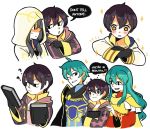  ahoge aqua_hair armor black_hair blue_eyes blue_hair blush brother_and_sister cape cosplay eirika english ephraim fire_emblem fire_emblem:_kakusei fire_emblem:_seima_no_kouseki fire_emblem_heroes gloves green_hair hood long_hair looking_at_viewer mark_(fire_emblem) mark_(male)_(fire_emblem) multiple_boys short_hair siblings skirt smile summoner_(fire_emblem_heroes) wuukidookie 