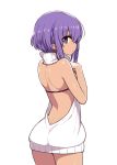  ass breasts chan_co cowboy_shot dark_skin eyebrows_visible_through_hair fate/prototype fate/prototype:_fragments_of_blue_and_silver fate_(series) from_behind hassan_of_serenity_(fate) meme_attire profile purple_eyes purple_hair ribbed_sweater short_hair shoulder_blades simple_background small_breasts solo sweater turtleneck turtleneck_sweater virgin_killer_sweater 