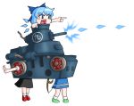  blue_eyes blue_hair cirno commentary_request daiyousei dress firing ground_vehicle gunsou highres ice metal_slug military military_vehicle motor_vehicle multiple_girls open_mouth rumia samurai_tank short_hair simple_background tank touhou white_background wings 