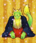  anthro beard blonde_hair clothing dragon eastern_dragon facial_hair green_body hair horn kemono looking_at_viewer male mature_male mustache navel scalie sirokitten2 solo とらキトン 